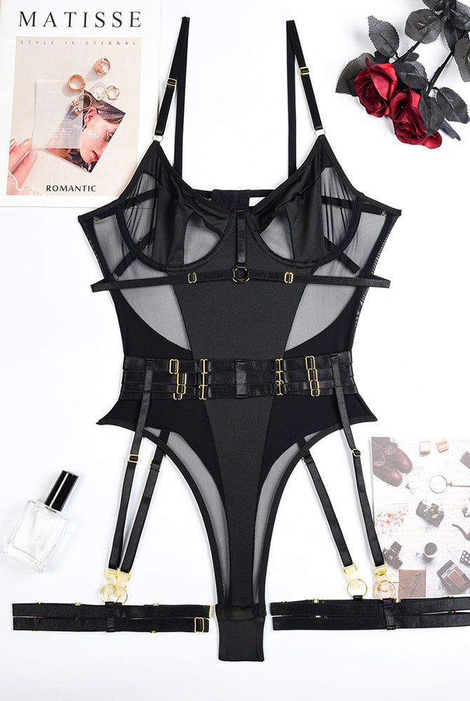 Black erotic bodysuit lingerie set with garter, sheer panels, and adjustable straps.
