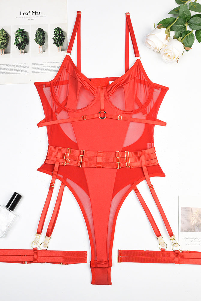 Red erotic bodysuit lingerie set with garter, sheer mesh and gold accents, elegant and sexy