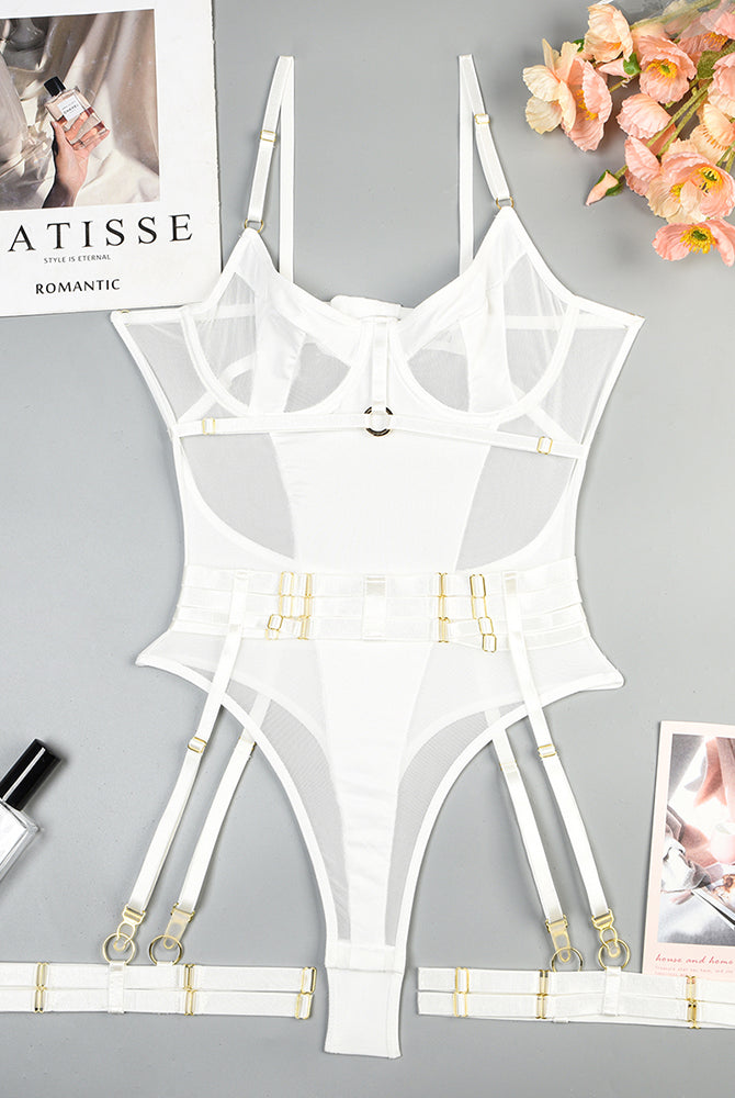 White mesh erotic bodysuit lingerie set with garter straps and gold accents