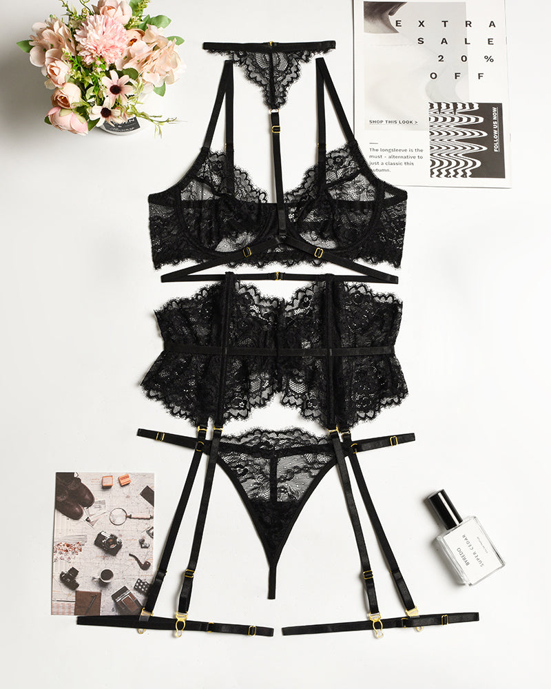 Black lace bra and panty set with garter belt, ideal for special nights and lingerie parties.