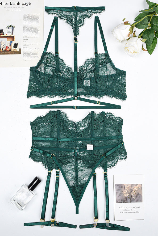 Emerald green lace bra and panty set with garter belt, perfect for special nights, elegant lingerie