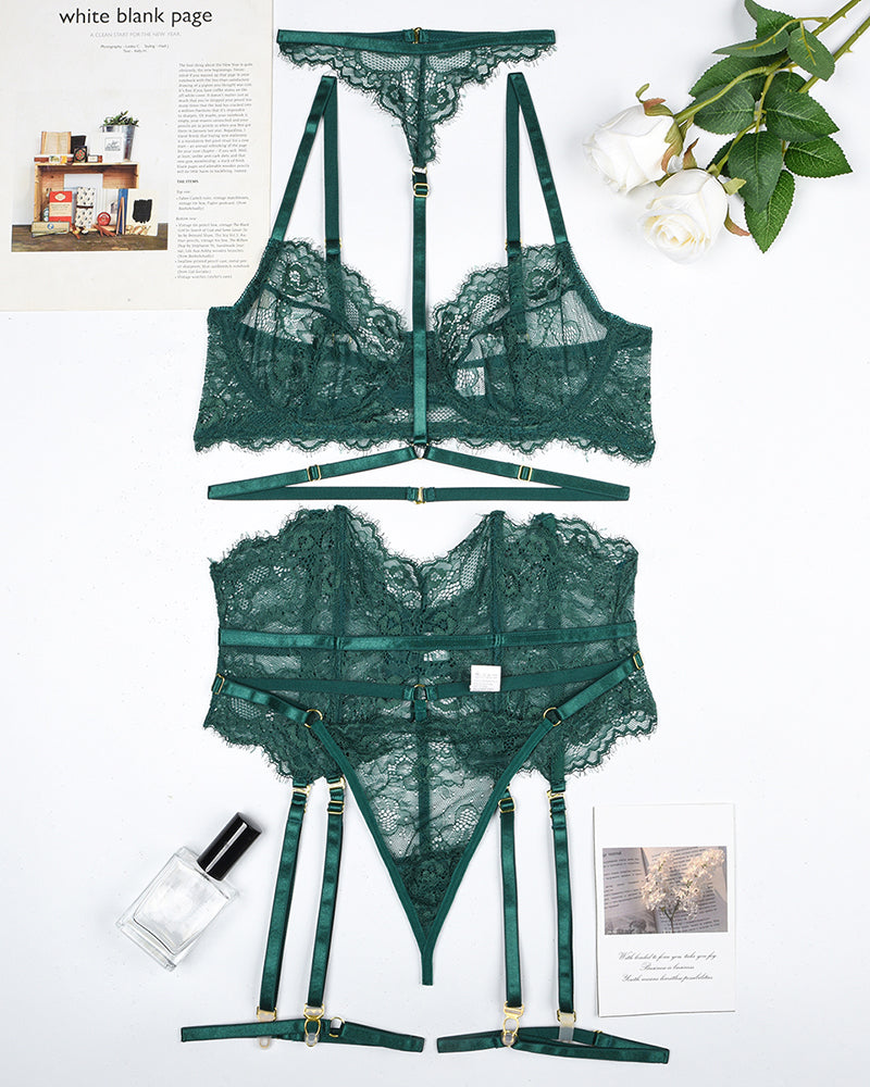 Emerald green lace bra and panty set with garter belt, perfect for special nights, elegant lingerie
