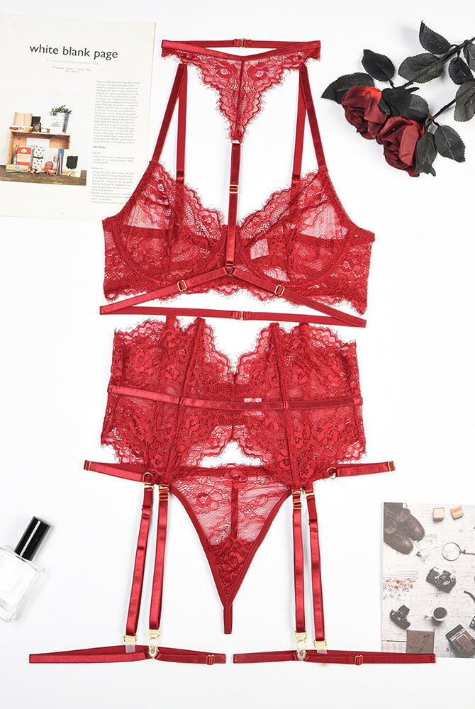 Red lace lingerie set with garter belt, elegant lingerie for special nights, featuring delicate lace