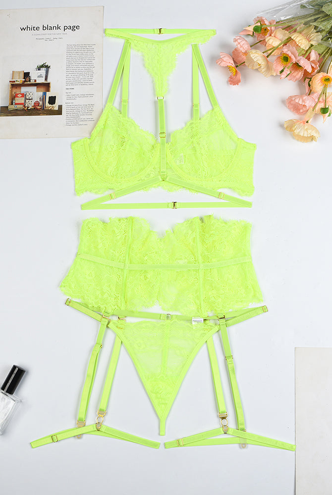 Neon green lace lingerie set with garter belt, elegant lingerie