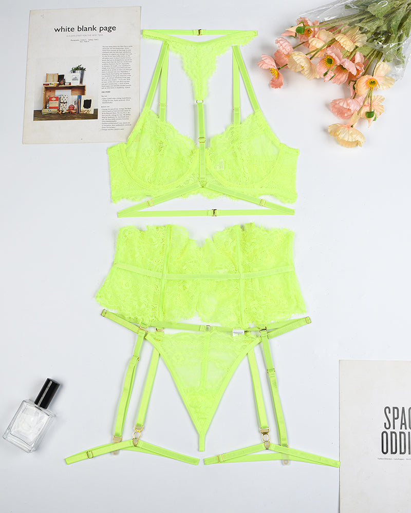 Neon green lace lingerie set with garter belt, elegant lingerie
