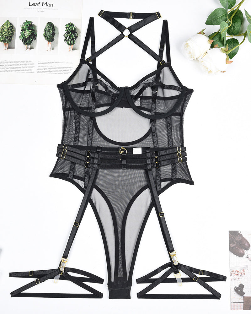Black halter open crotch bodysuit with garter straps, sheer mesh design, sexy lingerie for women