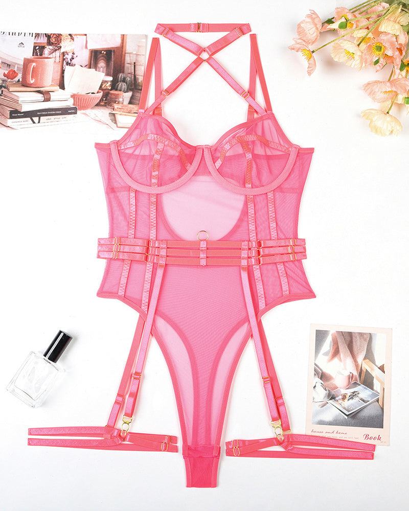 Dusty rose halter open crotch bodysuit with garter details. Sexy lingerie.