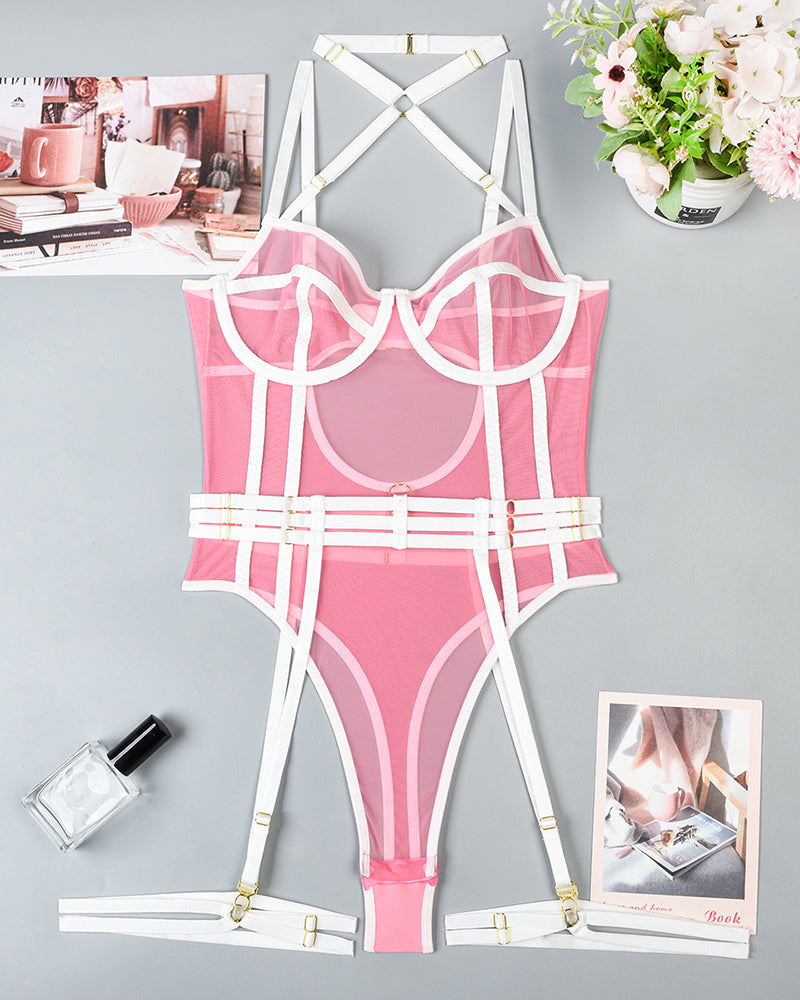 Dusty rose halter open crotch bodysuit with white trim and garter details for a seductive look.