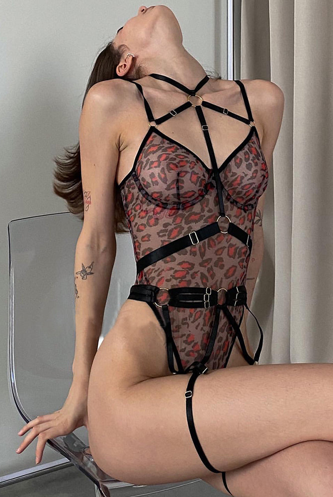 Leopard print mesh bodysuit with steel rings and black straps, sexy lingerie for women