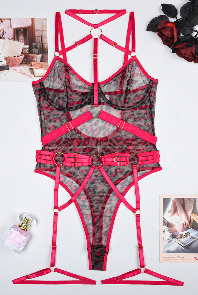 Mesh bodysuit with leopard print, pink straps and steel rings, sexy lingerie for women