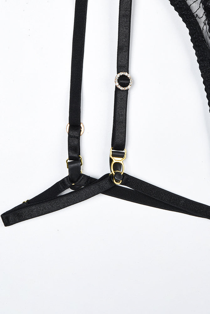 Black vintage gemstone lace lingerie set detail with rhinestone and gold accents, floral embroidery