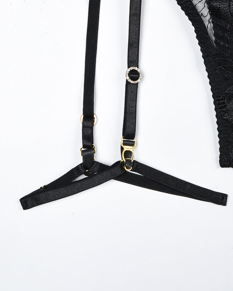 Black vintage gemstone lace lingerie set detail with rhinestone and gold accents, floral embroidery