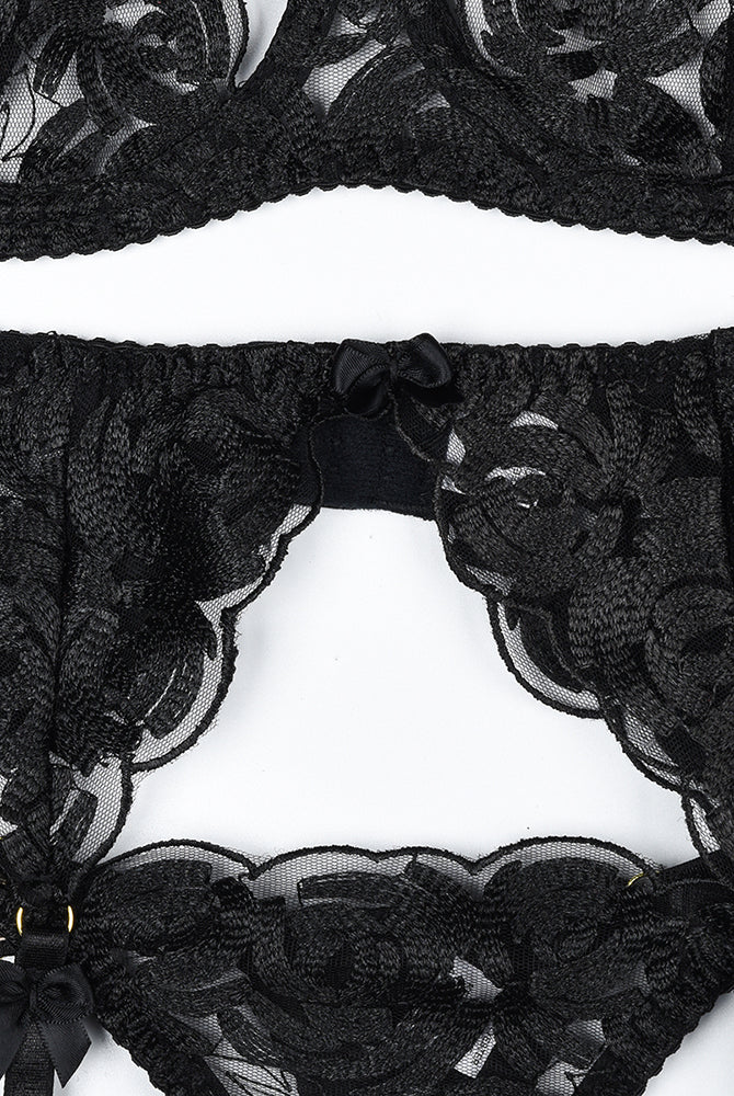 Black vintage gemstone lace lingerie set with floral embroidery. Luxurious lingerie.