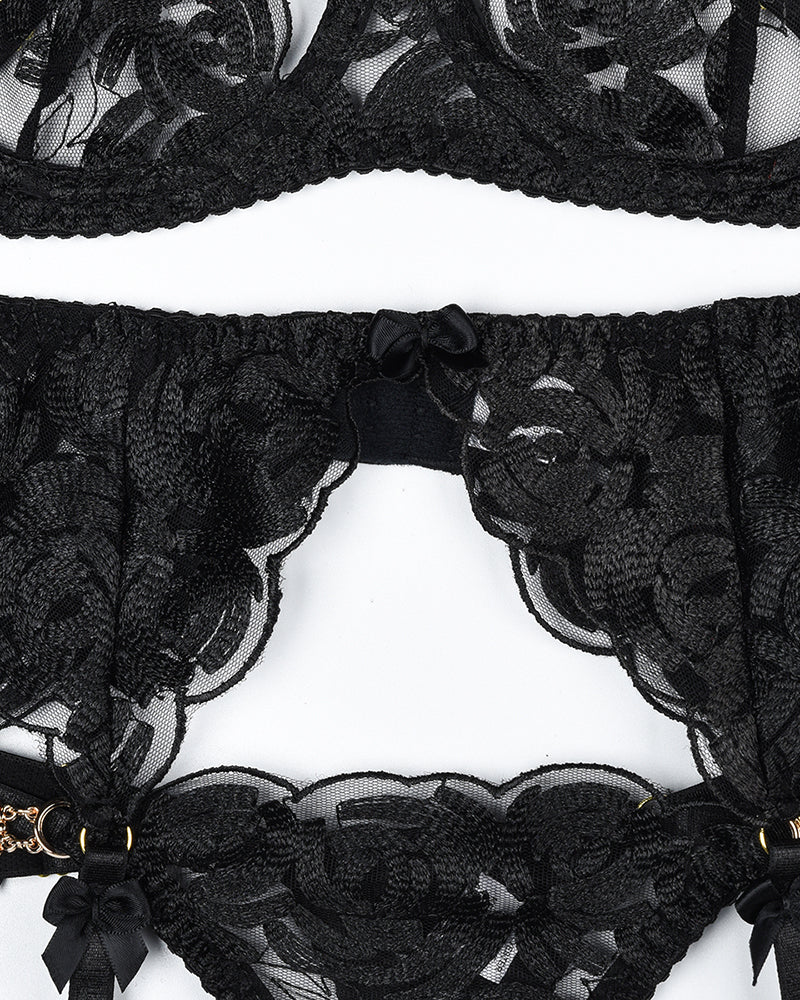 Black vintage gemstone lace lingerie set with floral embroidery. Luxurious lingerie.