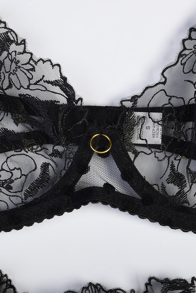 Black floral embroidered lace lingerie set with gold ring accent. Luxurious and sexy design.