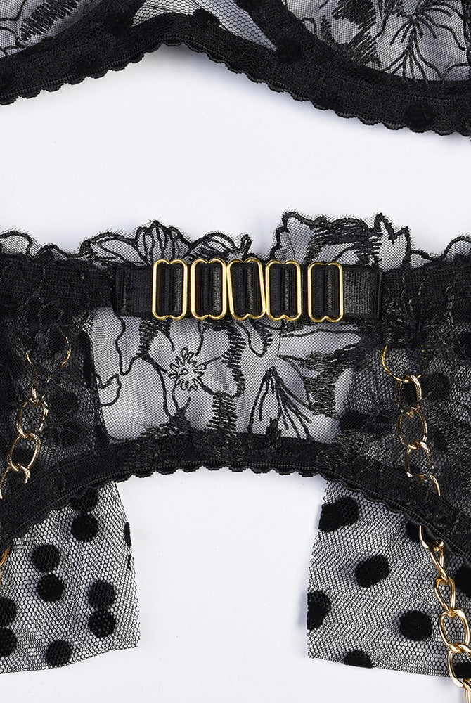 Black embroidered lace lingerie set with gold chain accents and adjustable straps