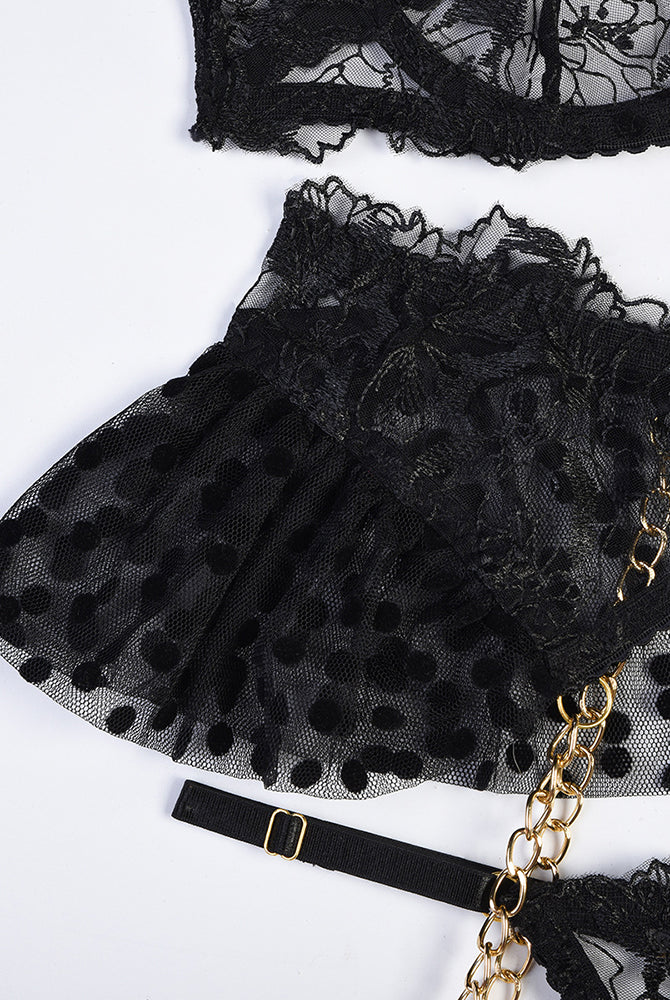 Black floral embroidered lace lingerie set with gold chain accents and adjustable straps