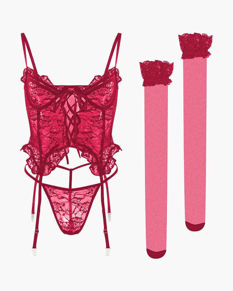 Red floral lace underwire lingerie set with stockings, sweet and seductive design