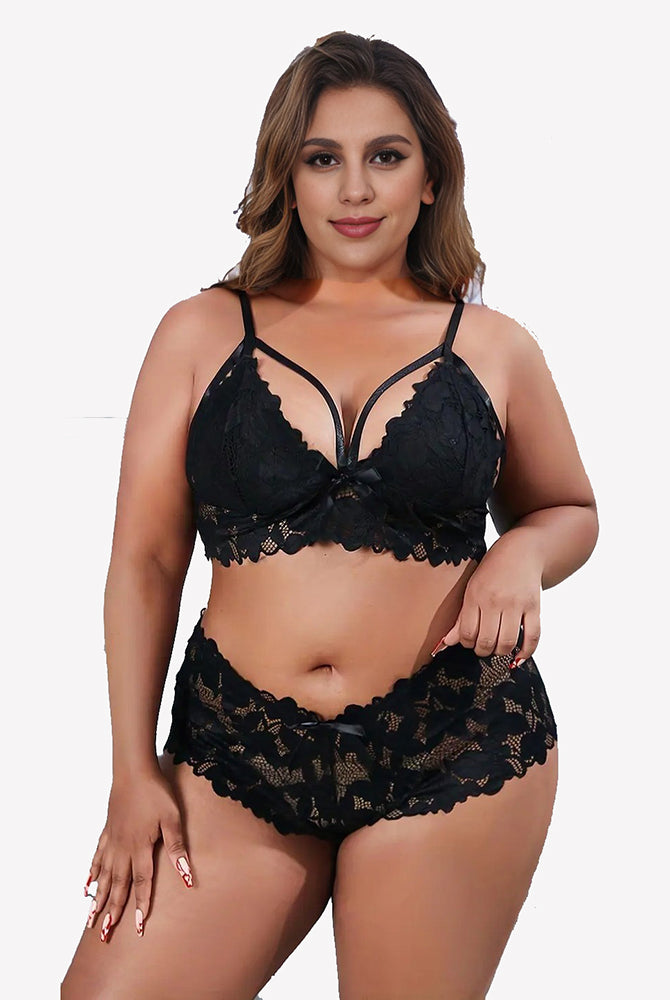 Plus size black lace bra and panty set with floral appliques and bow knot details.