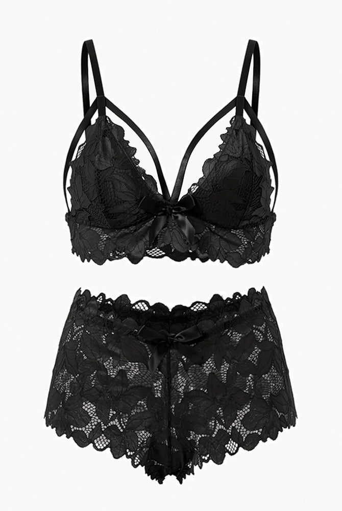 Plus size black lace bra and boy short set with floral appliques and bow knot details