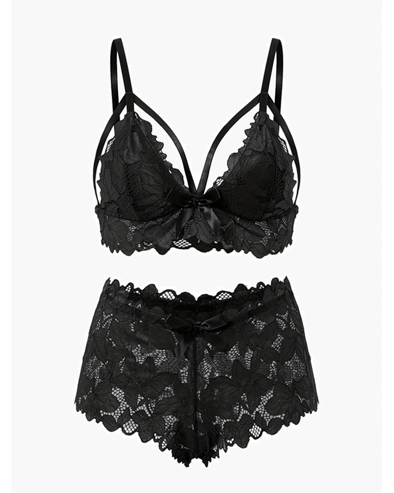 Plus size black lace bra and boy short set with floral appliques and bow knot details