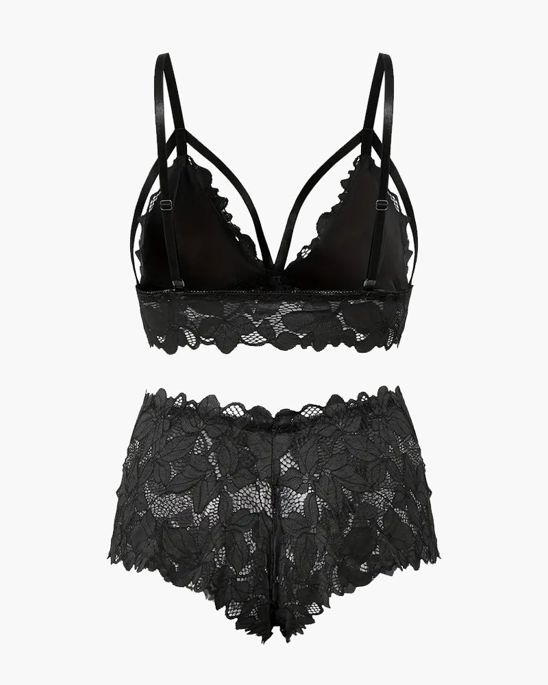 Black plus size lace bra and boy short set with floral appliques and strappy details