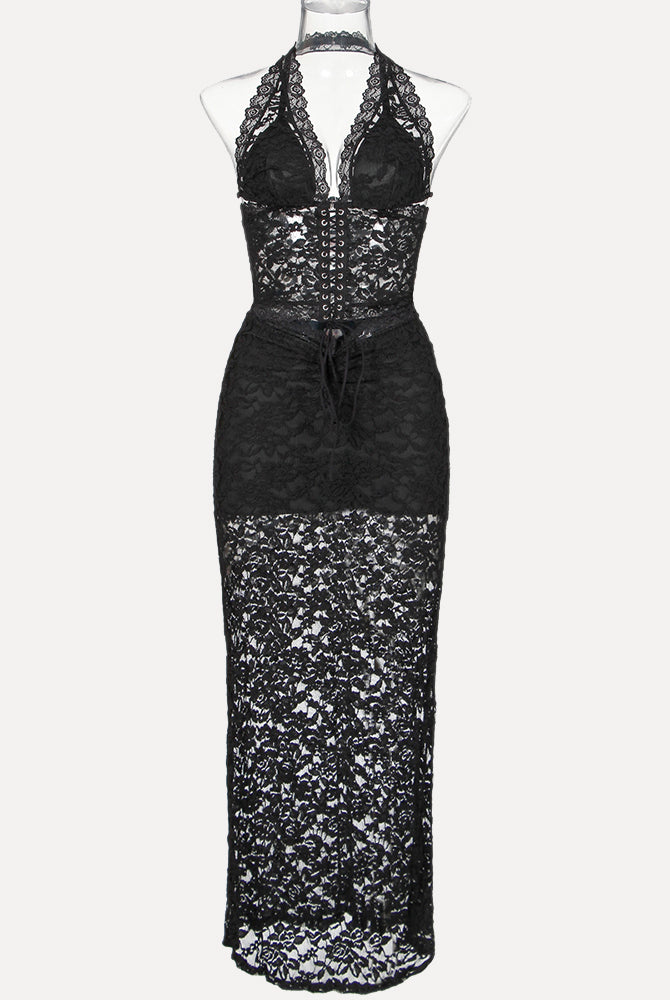 Black lace plunge neck halter two-piece set with lace-up detail, perfect for summer lingerie