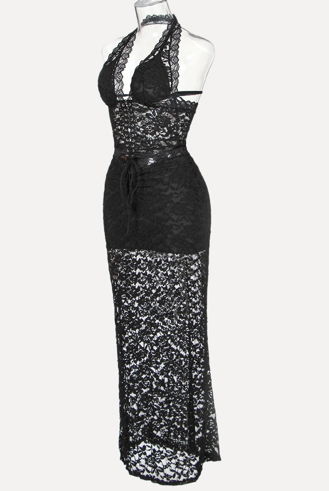 Black lace plunge neck halter two-piece set with lace-up detail, perfect for vacations