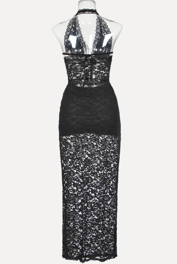 Black lace plunge neck halter two-piece set with lace-up back, for vacations and beach trips.