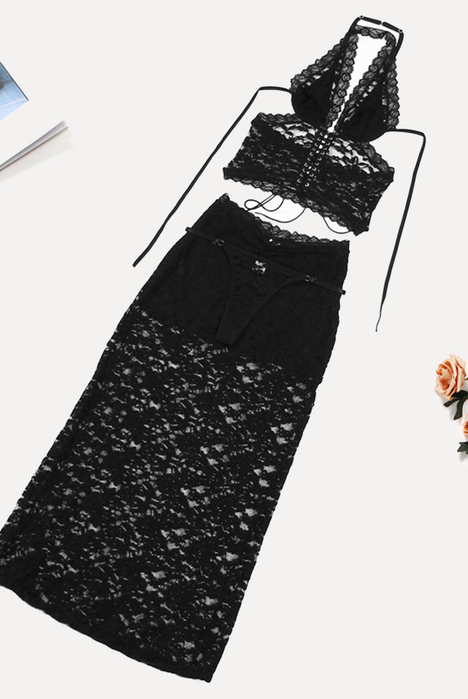 Black lace halter two-piece set with plunge neckline, ideal for vacations and beach outings.