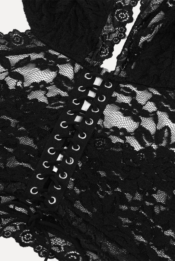 Black lace halter two-piece set, featuring intricate floral lace and lace-up detail