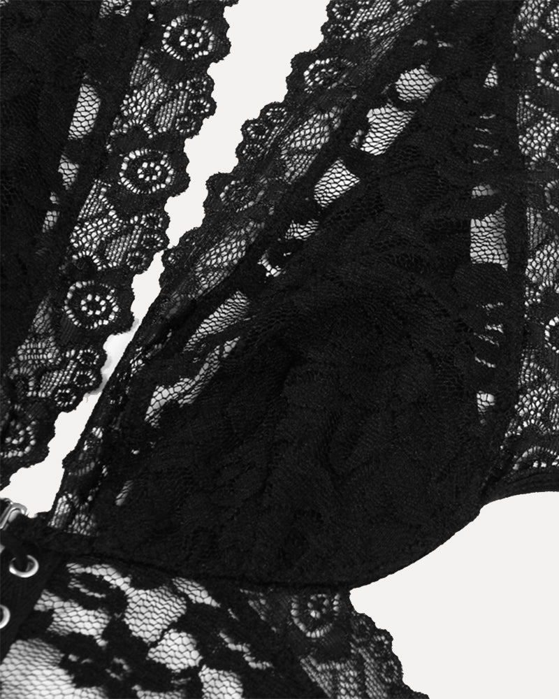 Black lace halter two-piece set with intricate floral lace and lace-up detail