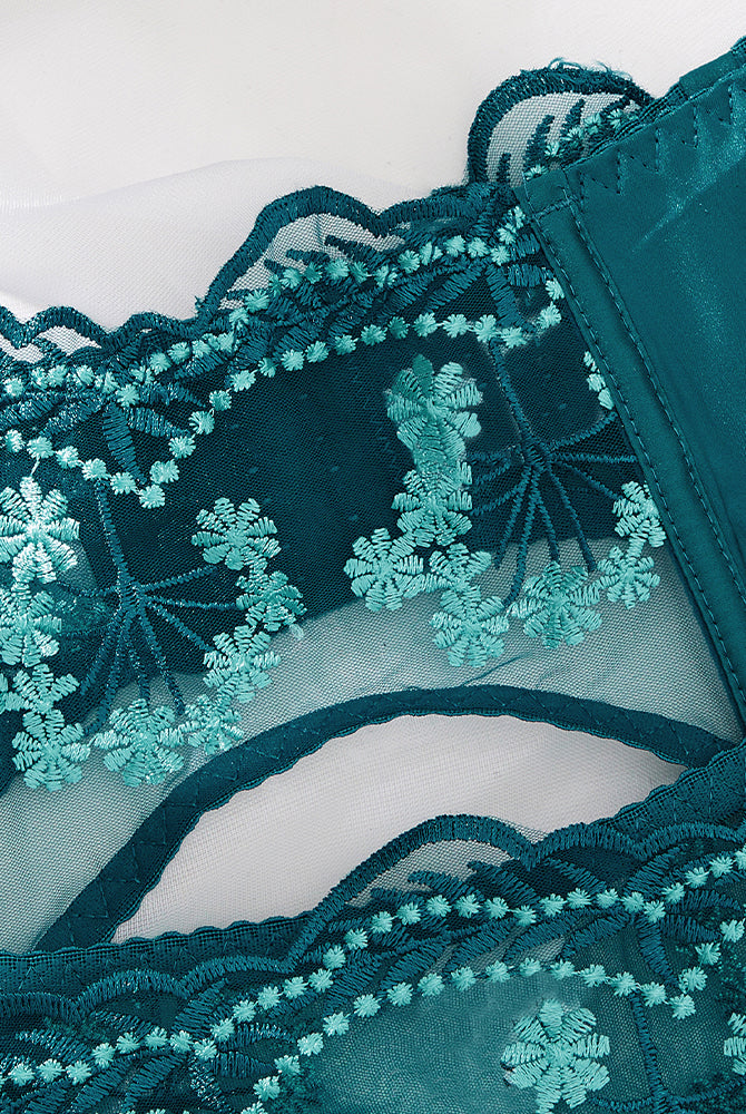 Teal embroidered lace lingerie set with floral design; perfect for special nights and occasions