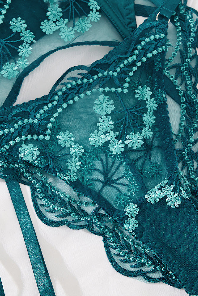 Teal embroidered lace lingerie set with garter, featuring floral design; perfect for special nights
