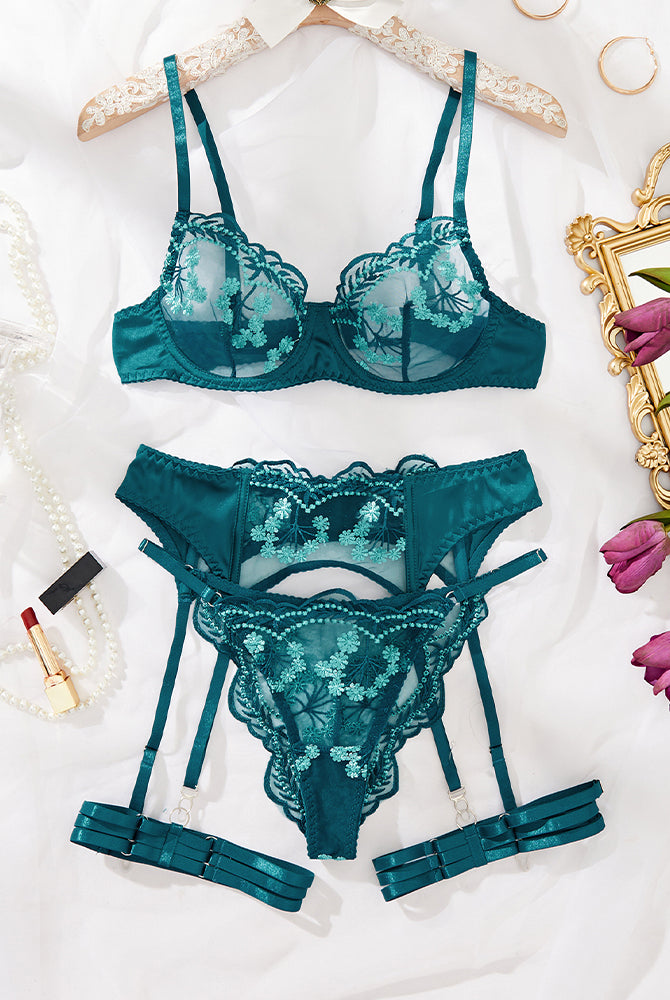 Teal floral embroidered lace lingerie set with garter belt; perfect for special nights and occasions