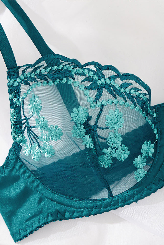 Teal embroidered lace lingerie bra with floral details; perfect for special nights and occasions