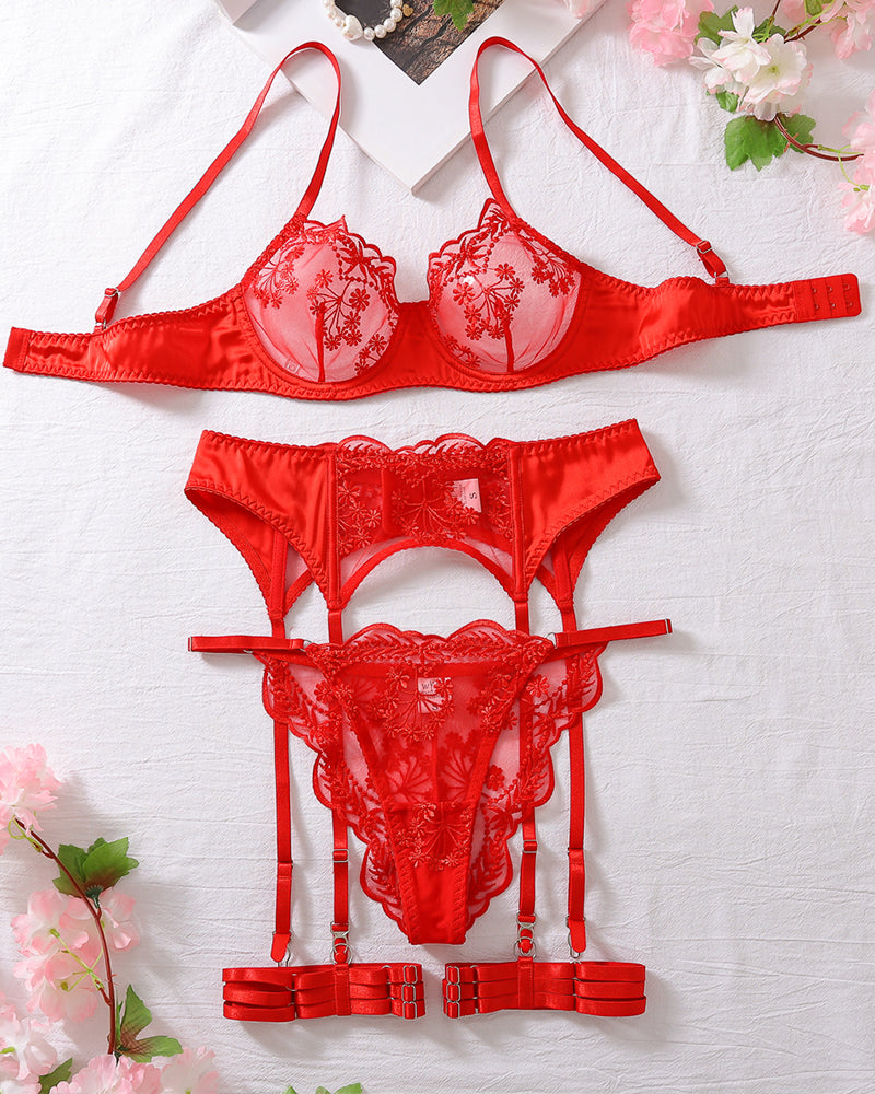 Red embroidered lace lingerie set with garter belt; perfect for special nights and occasions