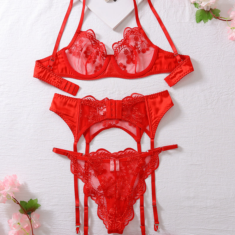 Red embroidery lace lingerie set with bra, panty, garter, and suspender straps