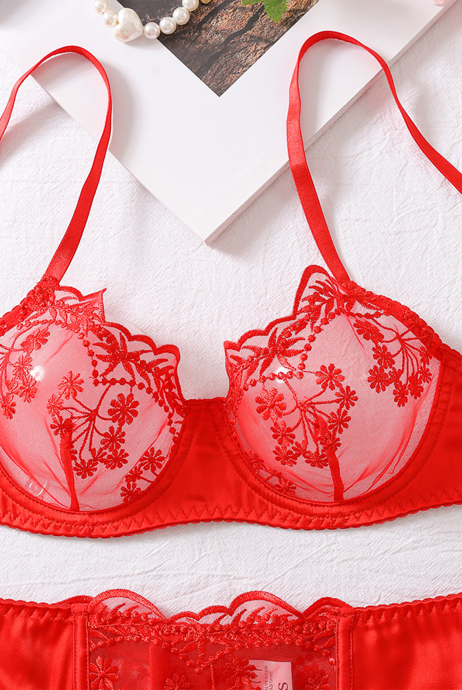 Red embroidered lace lingerie set with garter belt; perfect for special nights and occasions.
