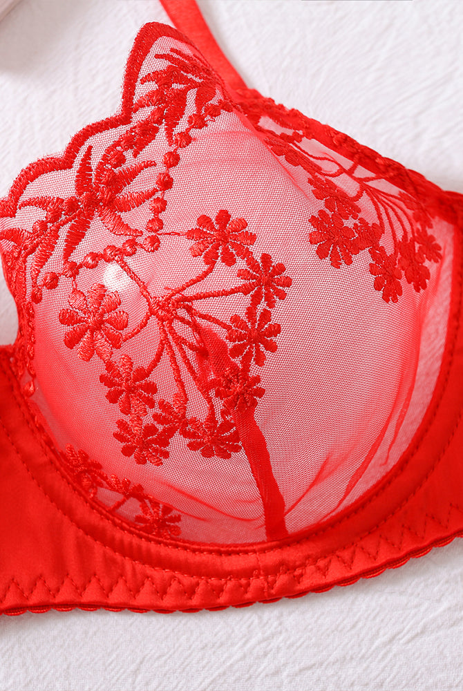 Red embroidered lace bra with floral design; perfect for special nights and occasions