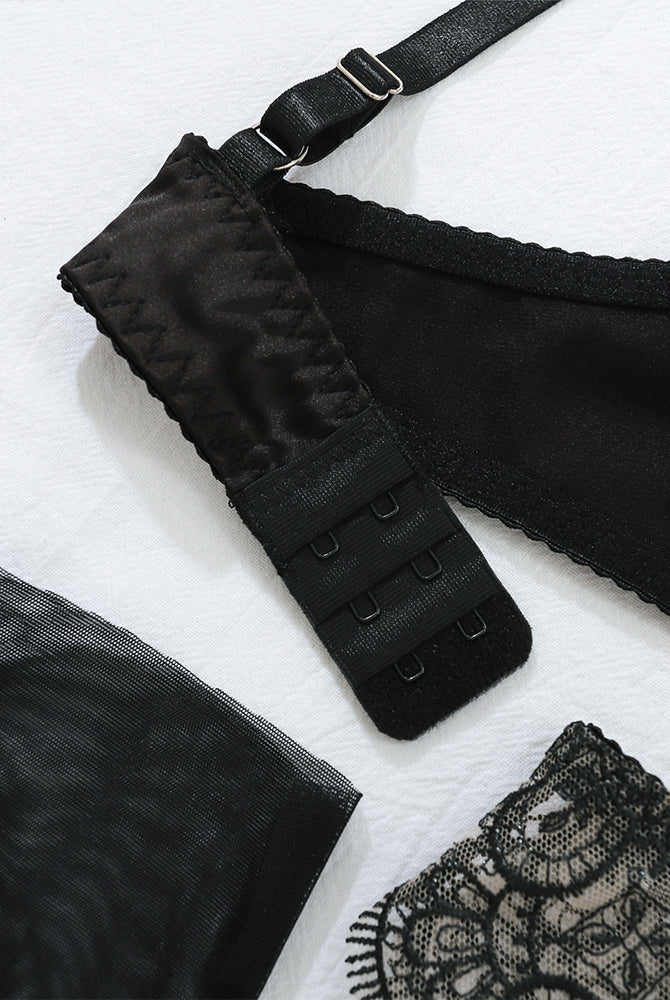 Black embroidery lace lingerie set with adjustable straps and floral lace details, elegant and sexy