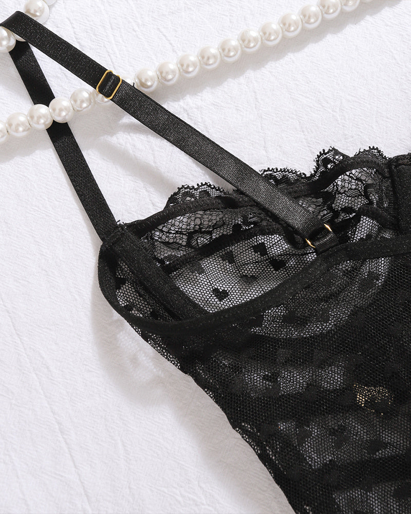 Black heart polka dot lace lingerie top with adjustable straps, elegant and stunning