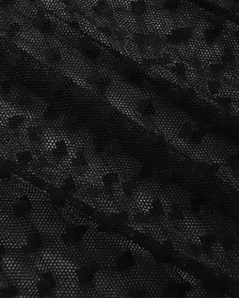 Black sheer heart polka dot lace fabric detail, perfect for lingerie design, adds a playful touch