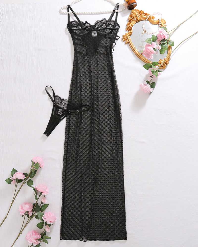 Sheer black heart polka dot lace long dress with adjustable straps, elegant lingerie set