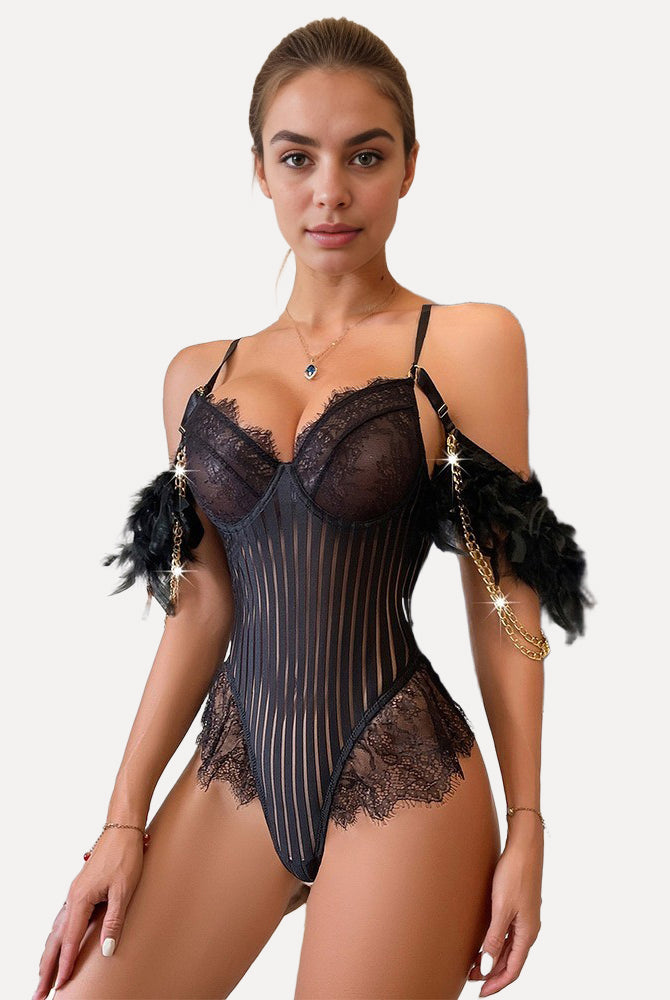 Black lace bodysuit with feather and gold chain, perfect for showing female charm and confidence.