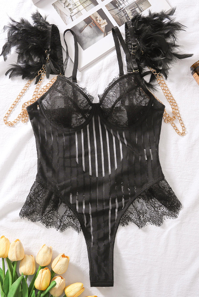 Black Chain Feather Eyelash Lace Bodysuit, sexy lingerie, featuring feather cuffs and delicate lace.