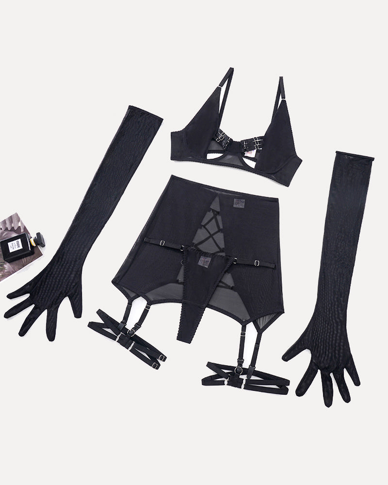 Black lingerie set with sheer skirt, open bust bra, and gloves. Sensual and elegant design.