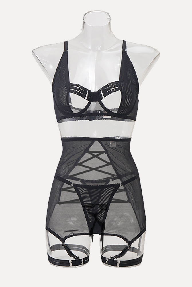 Black open-bust lingerie set with sheer skirt and garter straps. Sensual and elegant design.