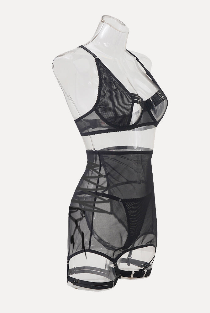 Black sheer lingerie set with open bust bra, high-waisted skirt and garter straps
