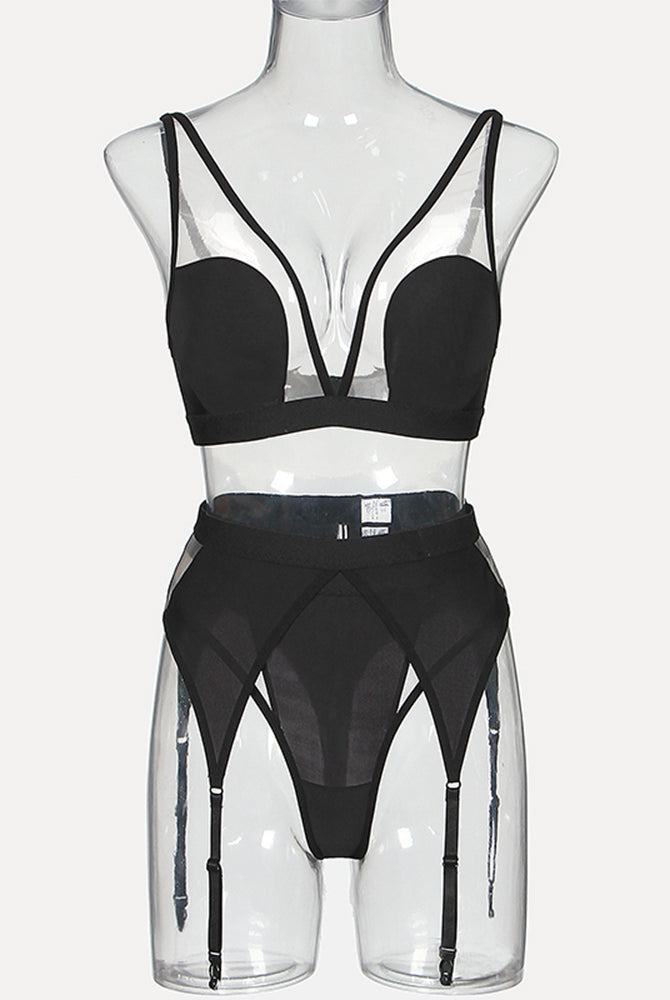 Black mesh bra and garter thong lingerie set on a mannequin, front view